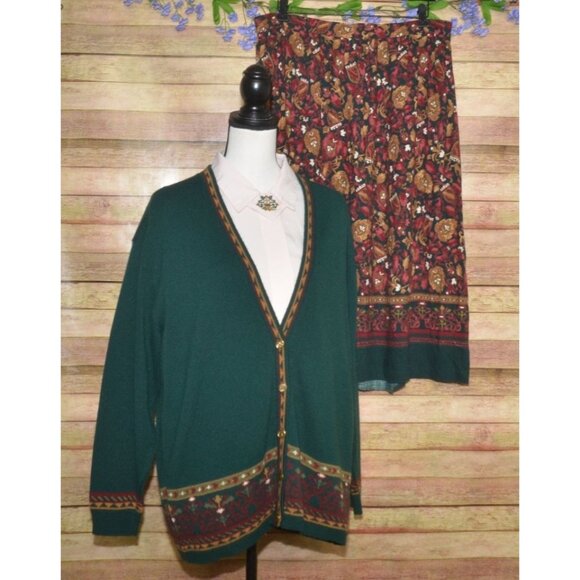 Vintage Southern Lady 3 Piece Set Midi Skirt, Blouse & Cardigan Sweater Size XL - Picture 2 of 16